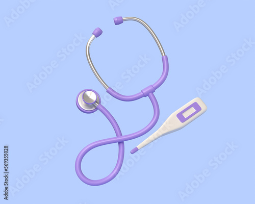 3d medical stethoscope and electronic thermometer for doctors in cartoon style. concept of medicine and healthcare. illustration isolated on blue background. 3d rendering