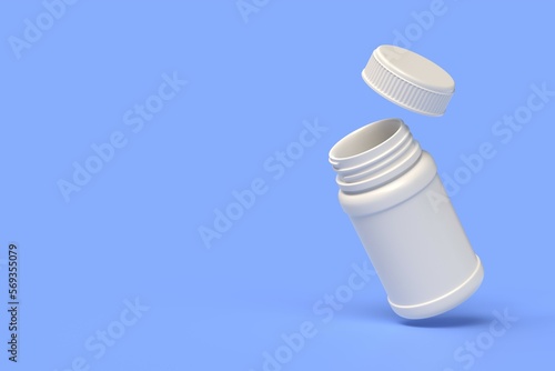 3d plastic bottle for pills in cartoon style. illustration isolated on blue background. concept of medicine and healthcare.free space for text. 3D rendering