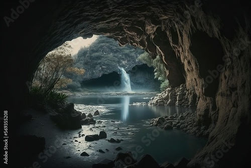 Illustration of underground lakes in a cave. Crystal clear water  spring  rocks  mountains  underground  water source  underground  underground  natural beauty. AI