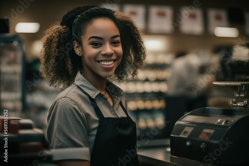 Smiling supermarket cashier attending customer. Generative AI