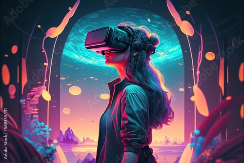Girl in virtual reality headset at home. Games and entertainment of the metaverse. AI