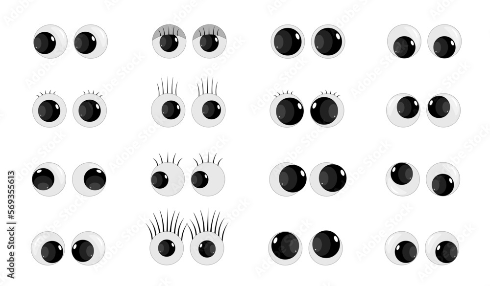 A set of plastic toy eyes. Glossy, bulging, puppet eyes.
Cute, round, vector, isolated elements. Look down, up, left, right. Different, shaking, silly, hilarious pairs of eyeballs. Vector illustration A set of plastic toy eyes. Glossy, bulging, puppet eyes.
Cute, round, vector, isolated elements. Look down, up, left, right. Different, shaking, silly, hilarious pairs of eyeballs. Vector illustration
