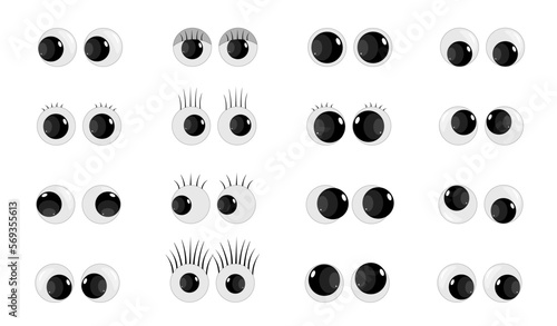 A set of plastic toy eyes. Glossy, bulging, puppet eyes. Cute, round, vector, isolated elements. Look down, up, left, right. Different, shaking, silly, hilarious pairs of eyeballs. Vector illustration © Evi