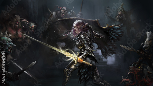 A beautiful dark elf in heavy black armor with a magic sword and shield fights off goblins and ogres. Digital drawing style, 2D illustration.
