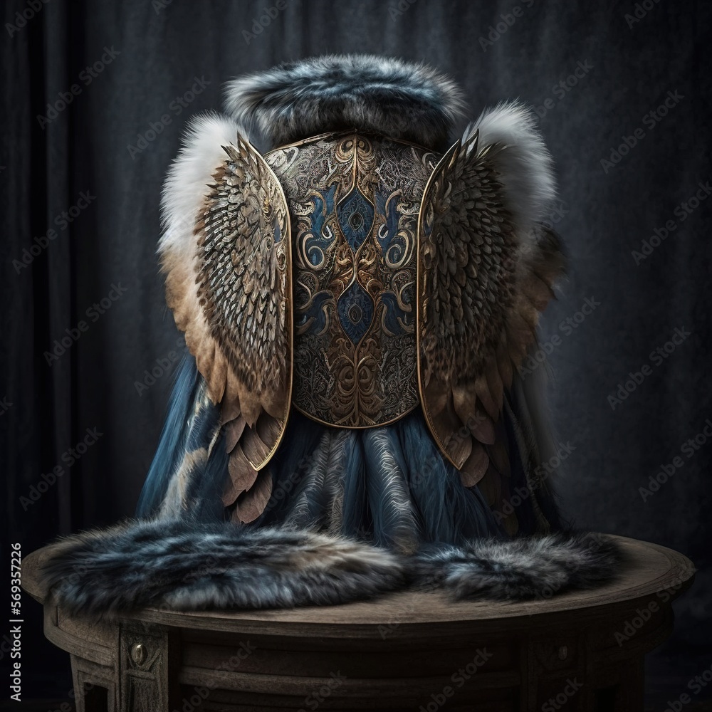 Naklejka premium Winged armor, breastplate, viking style, fur and feathers, productphotography, generative ai