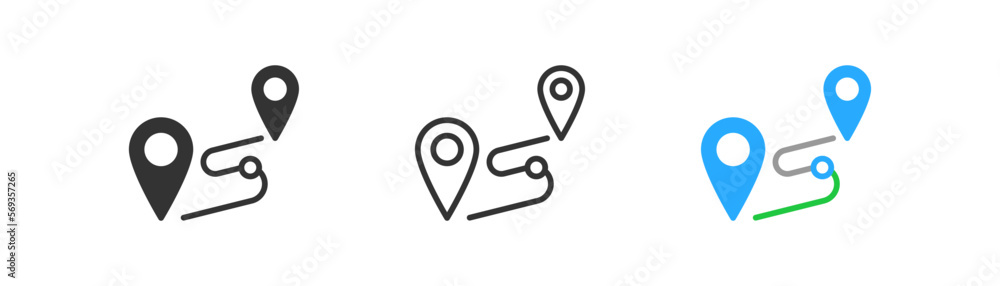 Route distance icon on light background. Road trip, tourism symbol. Two location marks. UI element. Outline, flat, and colored style. Flat design. Vector illustration. Route distance icon on light background. Road trip, tourism symbol. Two location marks. UI element. Outline, flat, and colored style. Flat design. Vector illustration.
