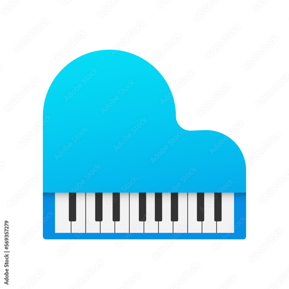 Pinao on light background. Blue grand piano sign. Black and white keyboard symbol, top view. Musical instrument. Flat design with light shadows. Vector illustration. Pinao on light background. Blue grand piano sign. Black and white keyboard symbol, top view. Musical instrument. Flat design with light shadows. Vector illustration.