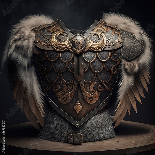 Winged armor, breastplate, viking style, fur and feathers, productphotography, generative ai photo