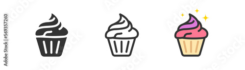 Cupcake icon on light background. Dessert, chocolate, creamy muffin symbol. Birthday, event, sweets, cherry, glaze, pastry signs. Outline, flat, and colored style. Flat design. Vector illustration.