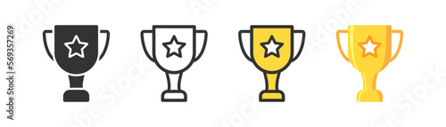 Champion's cup icon on light background. Award, golden trophy symbol. Win, winner prize, contest, competition signs. Outline, flat, and colored style. Flat design. Vector illustration.