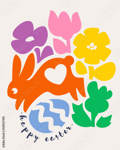 Cute rabbit jumping over easter egg. Multicolored vector illustration of playful bunny and lovely flowers. Naive style Easter design for seasonal poster or greeting card