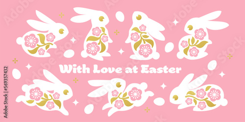 Easter greeting card with cute bunnies and spring flowers. Elegant vector illustration of white rabbits, floral branches and easter eggs on pink background © ussr design studio
