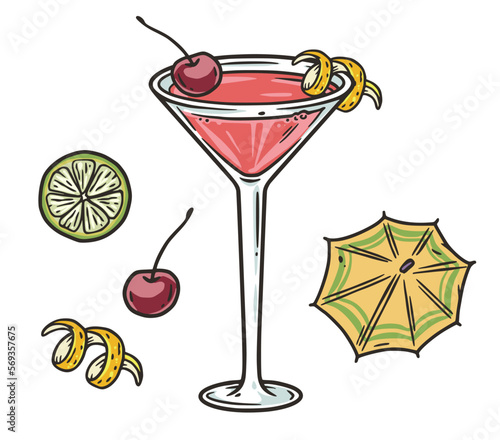 Cosmopolitan cocktail with lime and cherry for summer party. Ping alcochol cocktail for beash bar. Cosmo with vodka and cranbery for design of menu