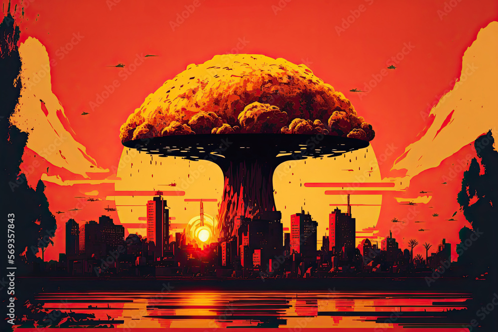 explosion of an atomic bomb with a nuclear mushroom in the city. Poster ...