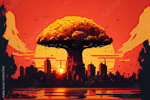 explosion of an atomic bomb with a nuclear mushroom in the city. Poster of Apocalypse movie. Generative AI photo