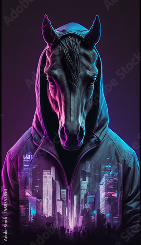 cheval futuriste - un portrait  d'animal portant un sweat avec paysage urbain futuriste photo