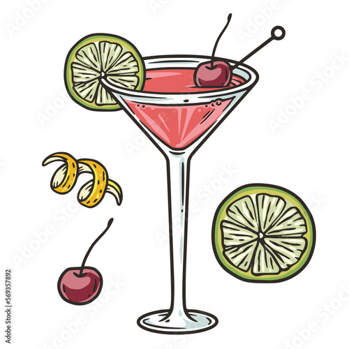 Cosmopolitan cocktail with lime and cherry for summer party. Ping alcochol cocktail
