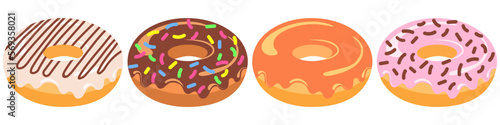 Set of delicious fluffy donuts with vanilla glaze, milk chocolate, caramel and strawberry icing. Food vector illustration. Copy paste.