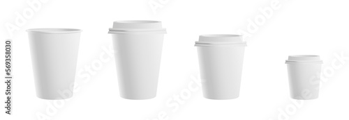 Realistic set of paper coffee cups on white background.