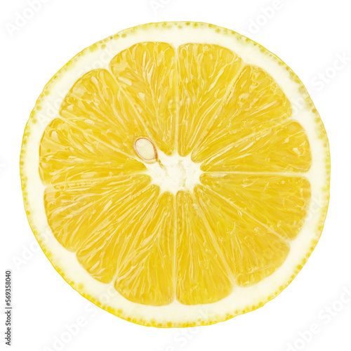 Top view of textured ripe slice of lemon citrus fruit isolated on transparent background