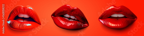 Glossy red lips on red background. Red sexy female lips, beautiful lips, beauty, red lipstick. AI. Copy space. Vector illustration