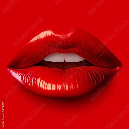 Glossy red lips on red background. Red sexy female lips, beautiful lips, beauty, red lipstick. Copy space. AI. Vector illustration.