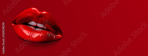 Glossy red lips on red background. Red sexy female lips, beautiful lips, beauty, red lipstick. Copy space. Vector illustration. Generative AI