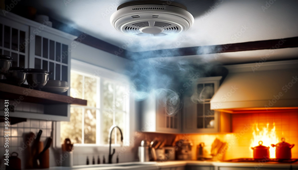 Fire alarm and smoke detector on the ceiling in the smoke, connected ...