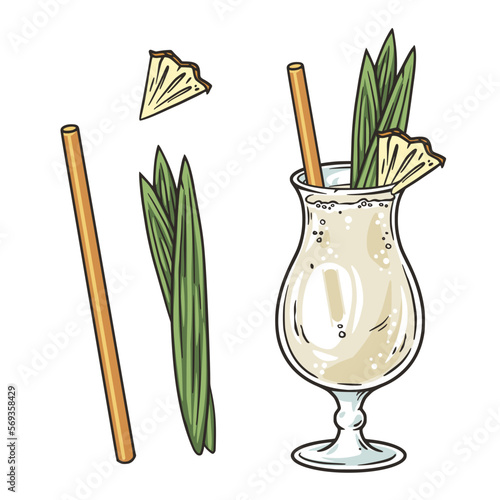 Pina Colada cocktail with slice of pineapple for summer party. Alcochol exotic pina cocktail with rum and leaf pineapple for beash bar and restaurant menu