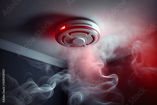 Fire alarm and smoke detector on the ceiling in the smoke, connected and in use. Generative AI