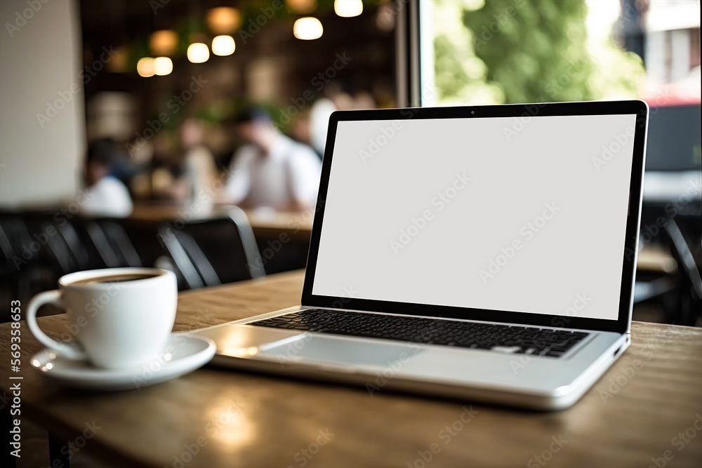 Laptop showing blank empty white mockup screen in coffee shop restaurant. Generative AI Laptop showing blank empty white mockup screen in coffee shop restaurant. Generative AI