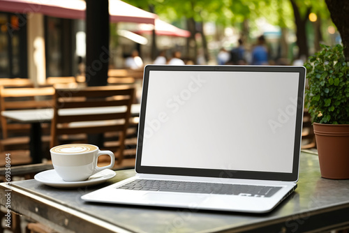 Laptop showing blank empty white mockup screen in coffee shop restaurant. Generative AI