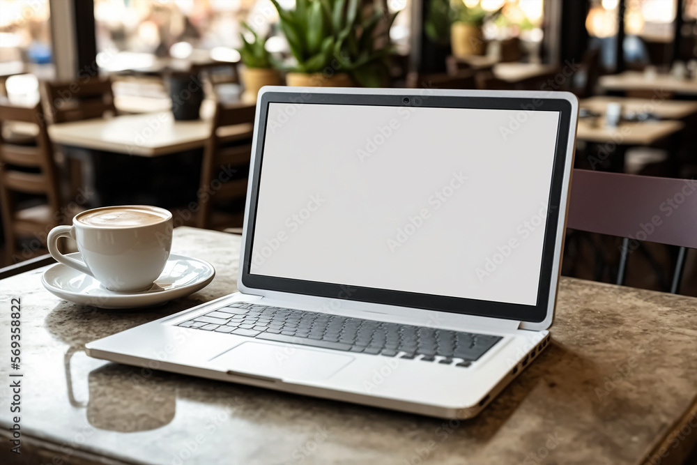 Laptop showing blank empty white mockup screen in coffee shop restaurant. Generative AI Laptop showing blank empty white mockup screen in coffee shop restaurant. Generative AI