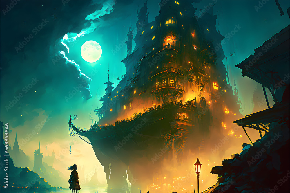 Fototapeta premium Landscape with steampunk city, castle