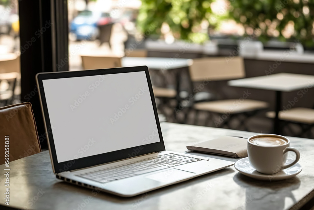 Laptop showing blank empty white mockup screen in coffee shop restaurant. Generative AI Laptop showing blank empty white mockup screen in coffee shop restaurant. Generative AI