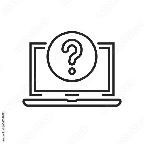 black thin line laptop icon with question mark