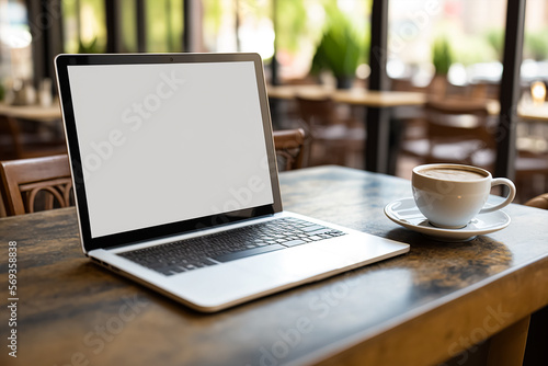 Laptop showing blank empty white mockup screen in coffee shop restaurant. Generative AI