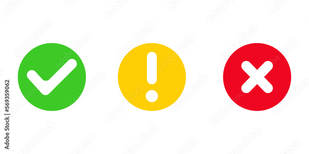Green Check mark and Red cross x, Yellow attention buttons set, vector illustration Green Check mark and Red cross x, Yellow attention buttons set, vector illustration
