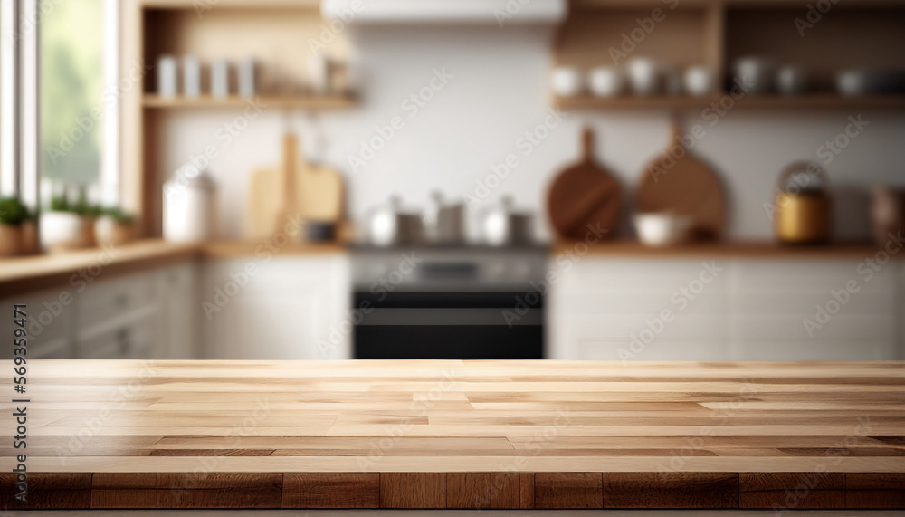 Brown wooden table top and blurred kitchen background from interior building - ready for display or montage your products Generative AI