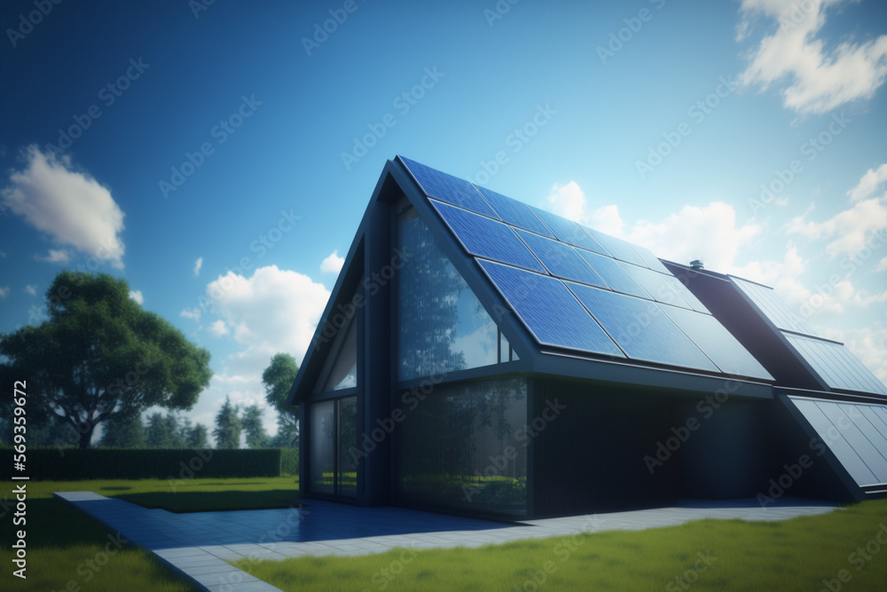 Obraz premium Eco-Friendly Modern House with Blue Solar Panels on the Roof - Zero Waste and Green Energy Technology Concept