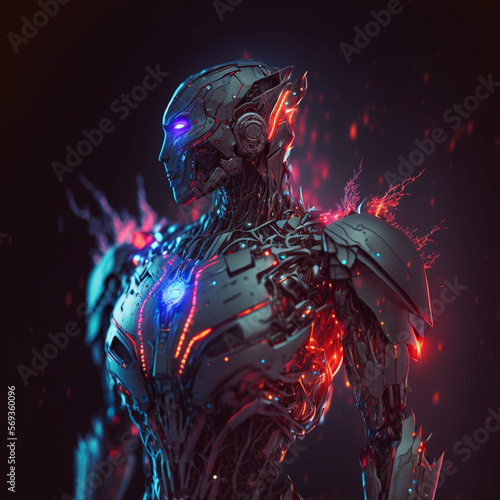 homem cyborg humanóide robo quase destruido luzes neon, generative ai photo