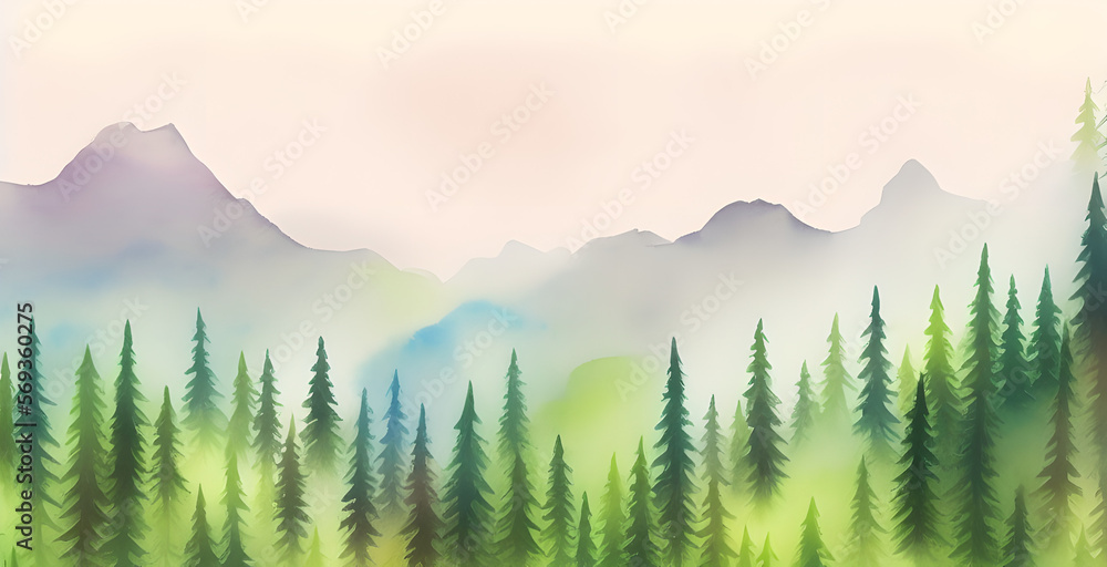 Fototapeta premium a forest in water colors with a mountain range in the background - generative ai