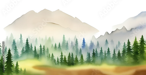a forest in water colors with a mountain range in the background - generative ai