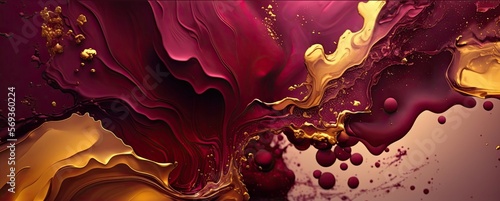 Abstract Background Burgundy and Gold Watercolor Paint Liquid Fluid Texture For Graphic Design. Generative AI.