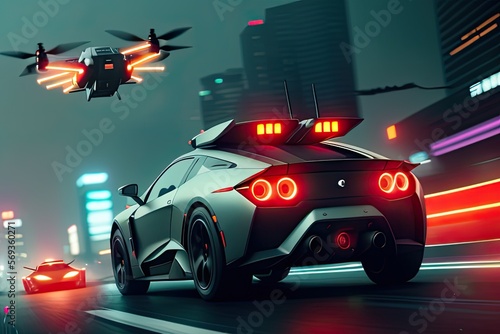 Futuristic Cyberpunk Car Chase With Drones. Generative AI.