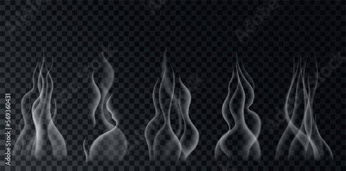 Vector illustration white fume waves of hot drink, food, cigarettes, hookah. Realistic icon pack of steam and smoke isolated on transparent background