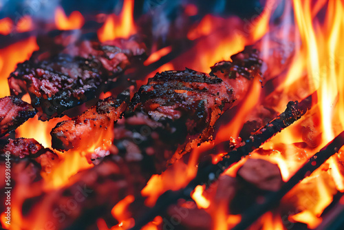 Close Up of Meat on a Barbegue Grill Grilling with Fire Flames Generative AI illustration