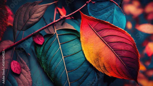 Colorful orange and cyan autumn leaves, Generative AI