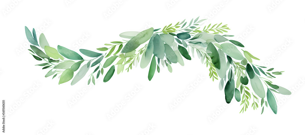 a bent branch with different leaves on white background - watercolors - generative ai