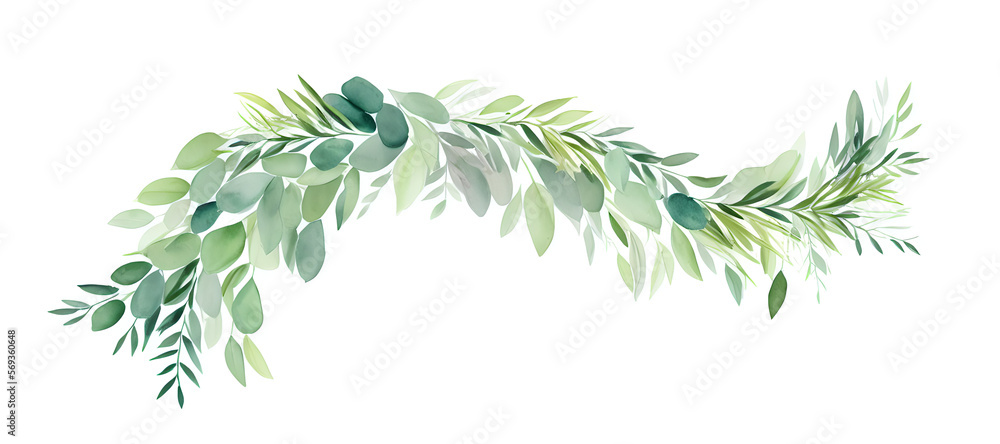 a bent branch with different leaves on white background - watercolors - generative ai a bent branch with different leaves on white background - watercolors - generative ai